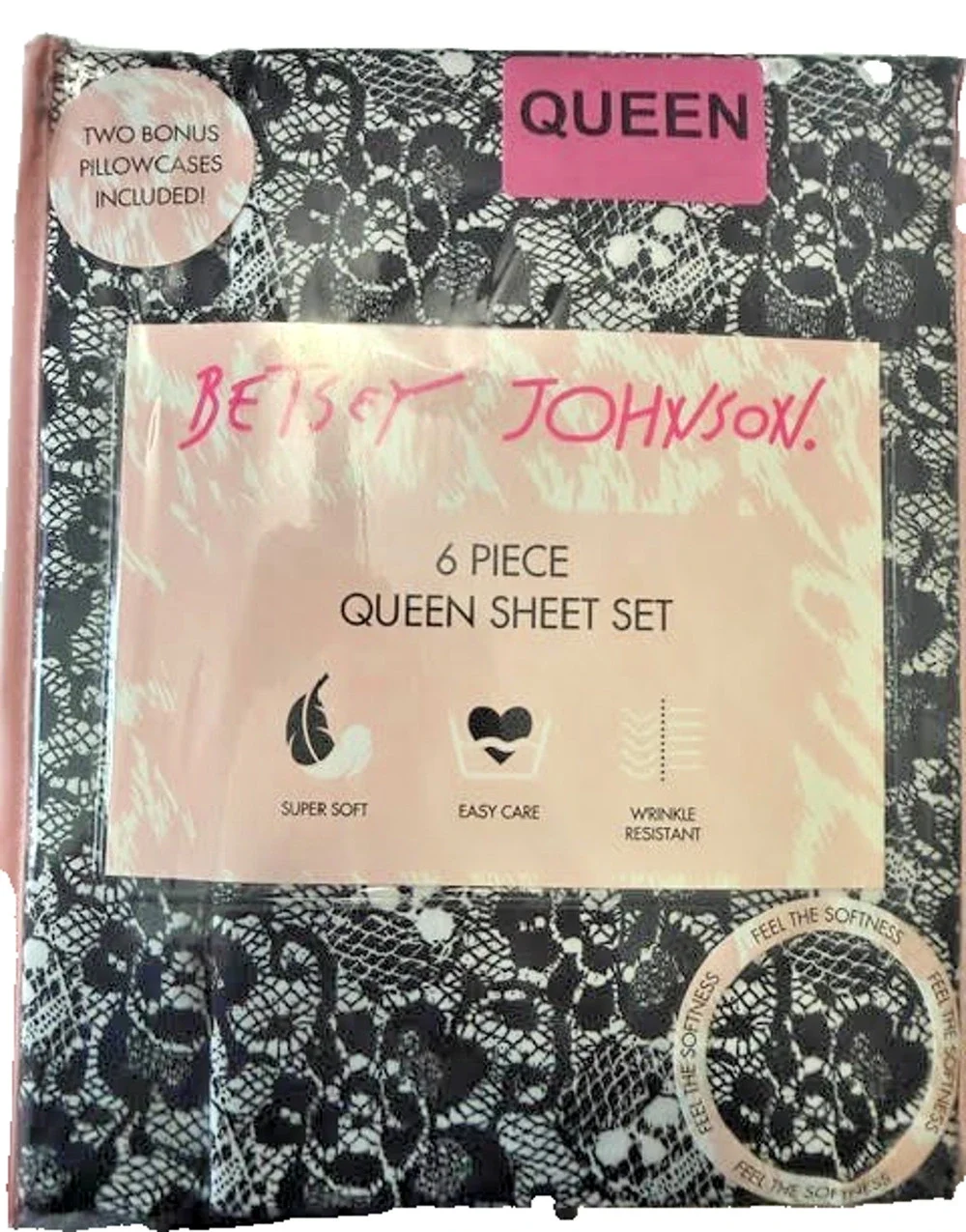 Betsey Johnson Lovely Lace Skulls Queen 6pc Sheet Set Black White New